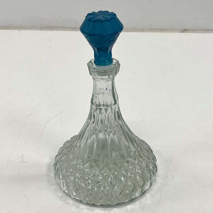 Vintage Pressed Glass Pineapple Decanter Blue Stopper 11.5" Clear Mid-Century