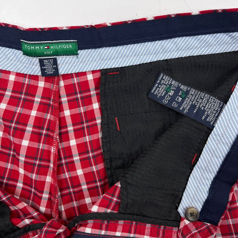 Tommy Hilfiger Men's Red White Plaid Golf Pants Flat Front Cotton Stretch 38x32