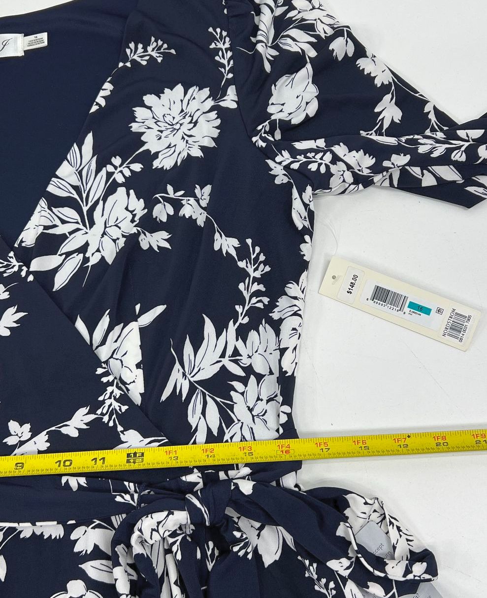 Eliza J NWT Navy White Floral High Low Faux Wrap Ruffle Dress Women's 16