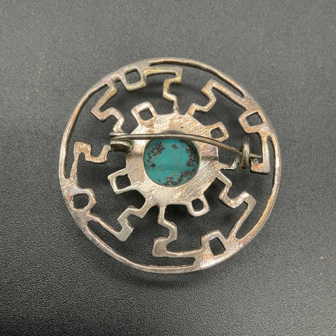 925 Sterling Silver Turquoise Mandala Geometric Cut Out Brooch Pin 10g