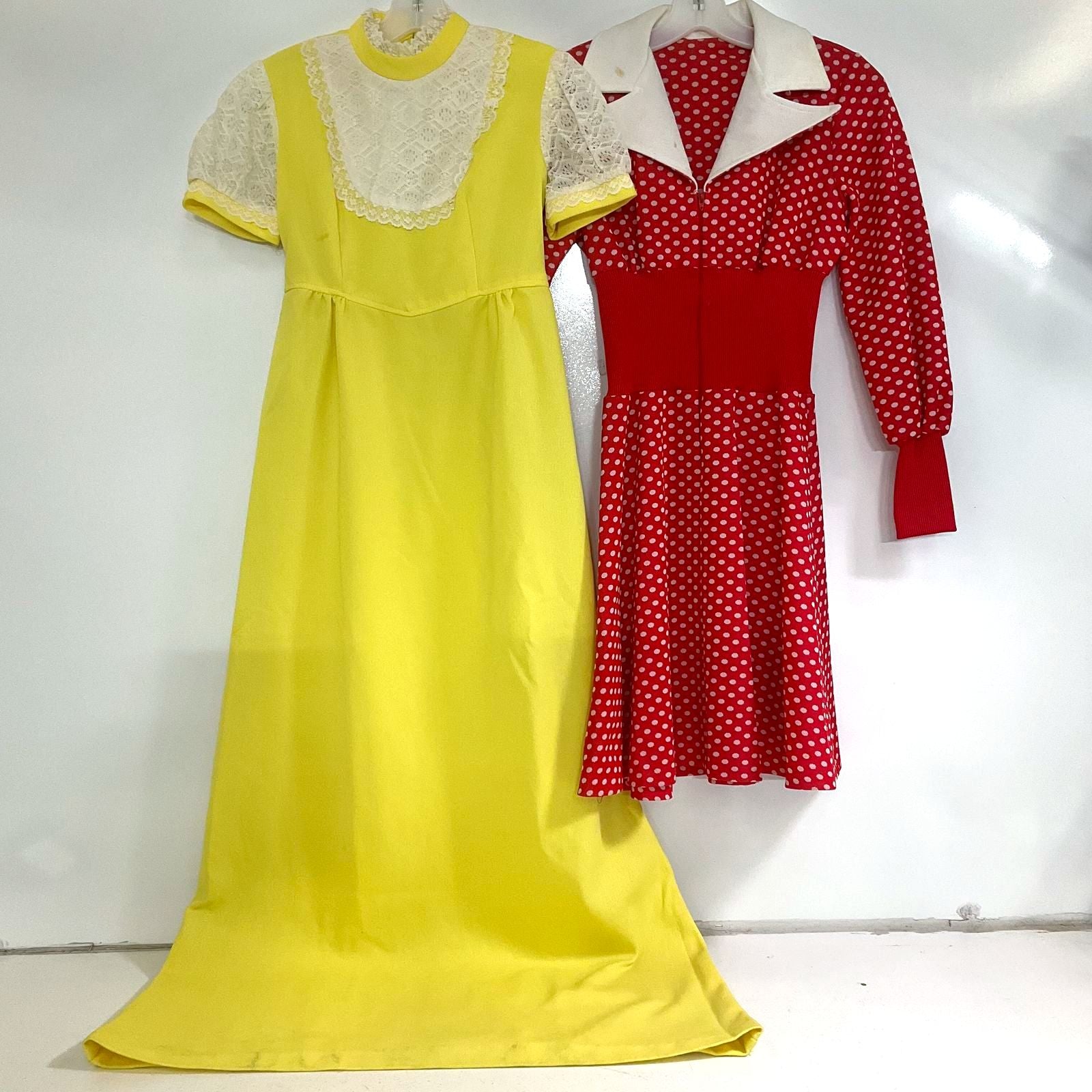Vintage 1970s Dress Lot 2 Red Polka Dot Dagger Collar & Yellow Maxi Dresses