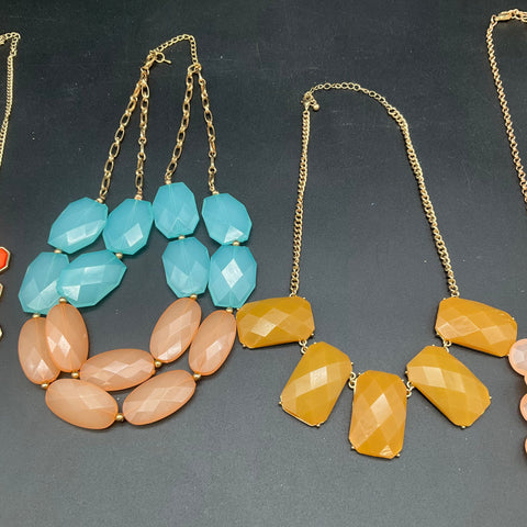 Fashion Costume Necklace Lot of 6 Gold Tone Statement Geometric Faceted Stone