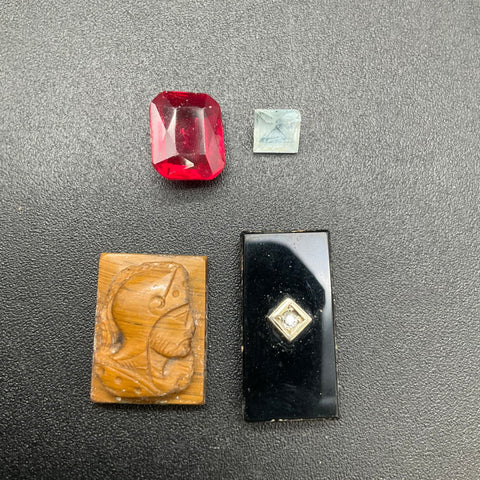Vintage Jewelry Stone Lot Onyx Diamond Carved Warrior Red Blue Stones 4 Pieces