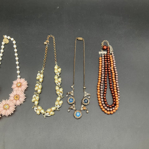 Vintage Costume Jewelry Lot of 5 Necklaces Faux Pearl Rhinestone Floral Wear