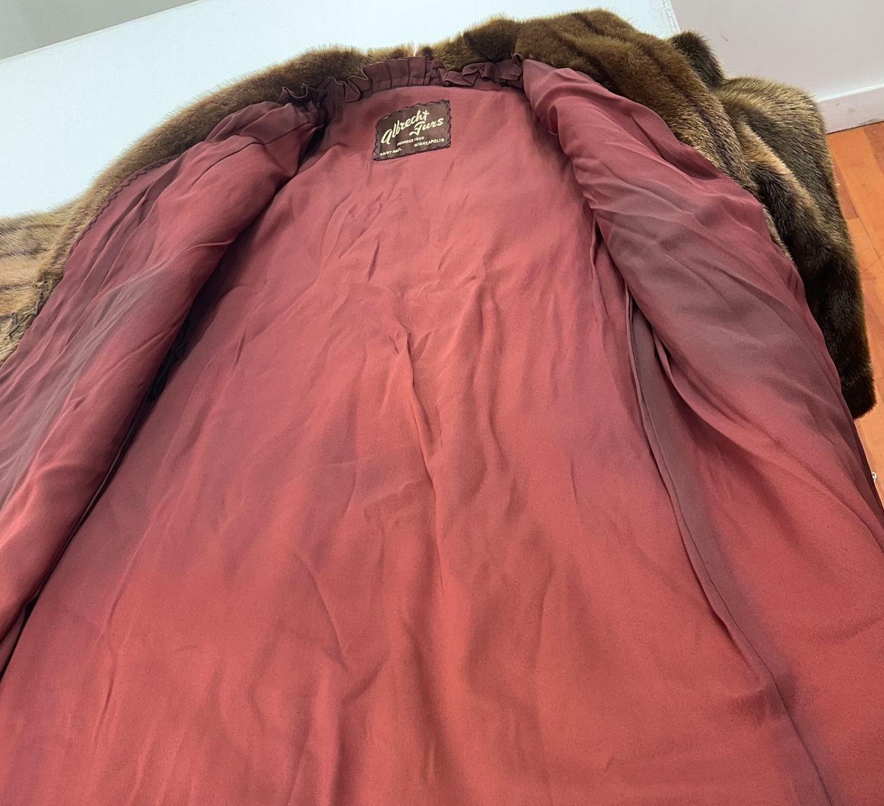 Vintage 1960s Albrecht Furs Brown Muskrat Mink Hooded Long Coat St Paul MN