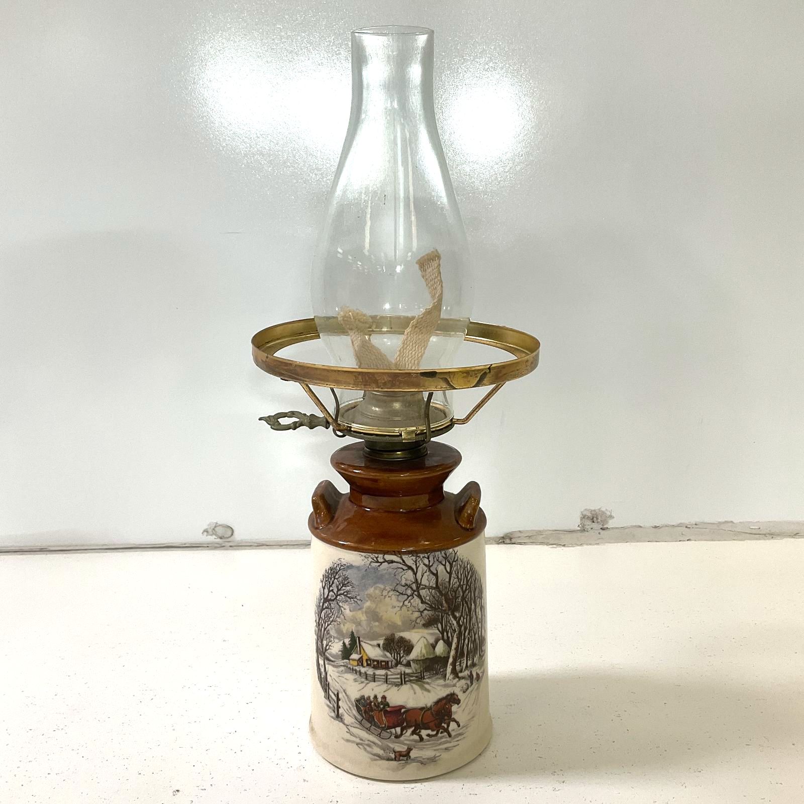 Vintage Decorative Oil Lamp Mini Crock Currier Ives Style Winter Horse Scene