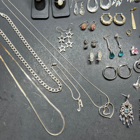 Silver Plate Necklaces Rings Earrings BraceletsJewelry Lot 499.72g