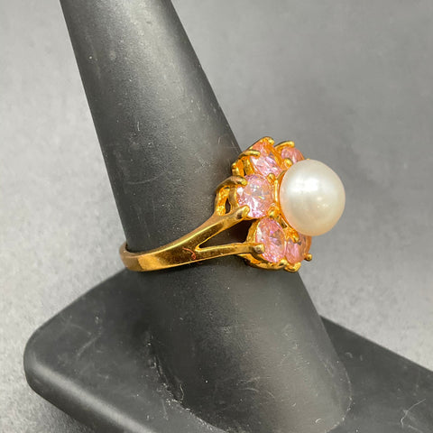 18K Gold Plated Pearl & Pink Faceted Stone Ring & Earrings Set Size 8