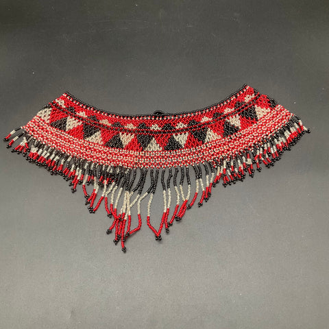 Hand Beaded Collar Necklace Seed Bead Geometric Fringe Red Black White 11 Inch