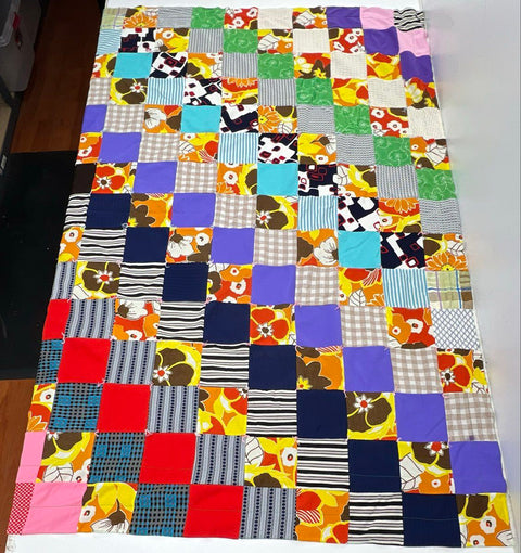 Vintage 1970s Handmade Patchwork Quilt Retro Floral Geometric Mod Multi-Color