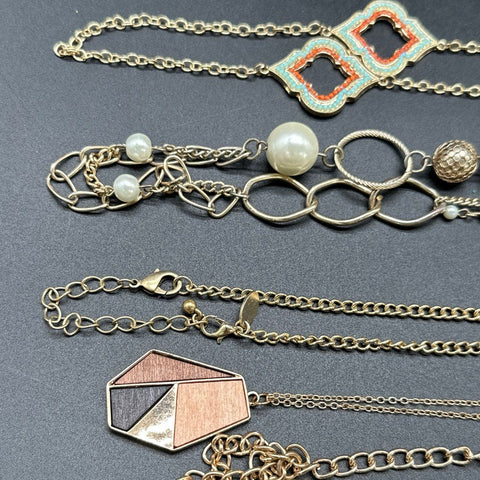 Gold Tone Necklace Jewelry Lot of 10 Boho Geometric Faux Pearl Statement Styles