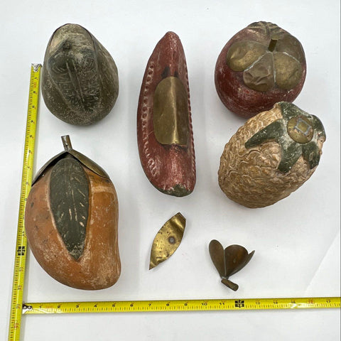 Vintage Terra Cotta Fruit Lot 5 Pieces Brass-Tone Accents Mid Century Style