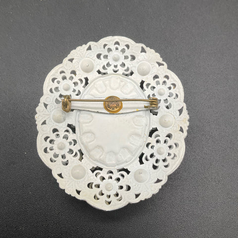 Vintage W Germany White Filigree Floral Enamel Brooch UV Reactive Green Stones