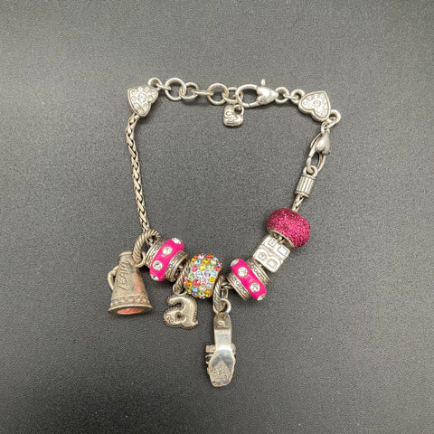Brighton Silver Tone Charm Bracelet Cheerleader Megaphone Shoe Hearts 7 Inch