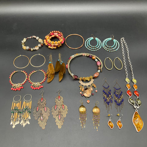 Boho Ethnic Costume Jewelry Lot 16pc Mixed Necklaces Earrings Bracelets Beads