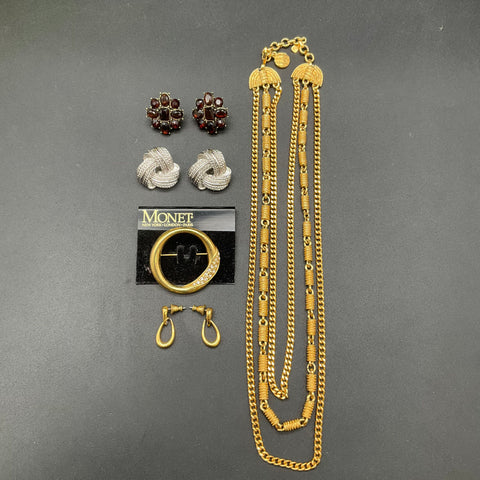 Vintage Monet Costume Jewelry Lot 5 Pieces Necklace Earrings Rhinestone Brooch