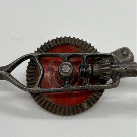 Vintage Eggbeater Hand Drill 12" Wood Handle Manual Red Gear Tested Works