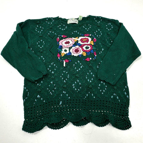 Vintage 90s Emerald Isle Floral Ribbon Embroidered Sweater Crochet Hem Sz L