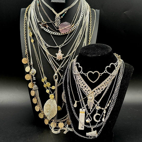 Vintage to Modern Costume Jewelry Lot 25+ Necklaces Silver & Gold Tone