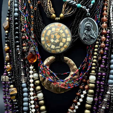 Bohemian Costume Jewelry Necklace Lot Mixed Beaded Tassel Religious Medal