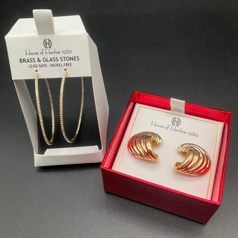 House of Harlow 1960 Earrings Lot 2 Pairs Gold Tone Brass Glass Stones NIB