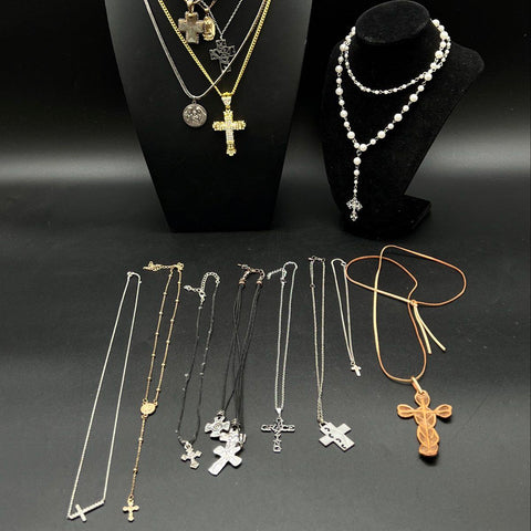 Religious Cross Pendant Necklaces Rosary Medals Jewelry Lot of 14 Gold Silver