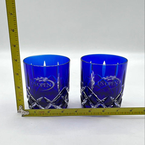 US Open Cobalt Blue Cut Glass Old Fashioned Rocks Glasses Pair Vintage