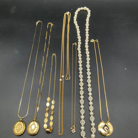 Vintage to Modern Costume Jewelry Lot 7 Necklaces Faux Pearl Lockets Gold Tone