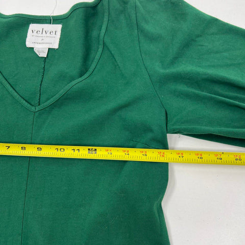 Velvet Anthropologie Green Cotton V-Neck Puff Sleeve A-Line Dress Women's M