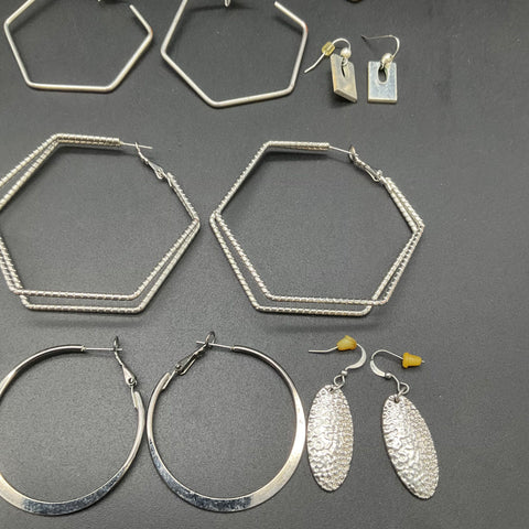 Vintage Silver Tone Costume Jewelry Lot of 18 Pairs Earrings Hoops Dangles