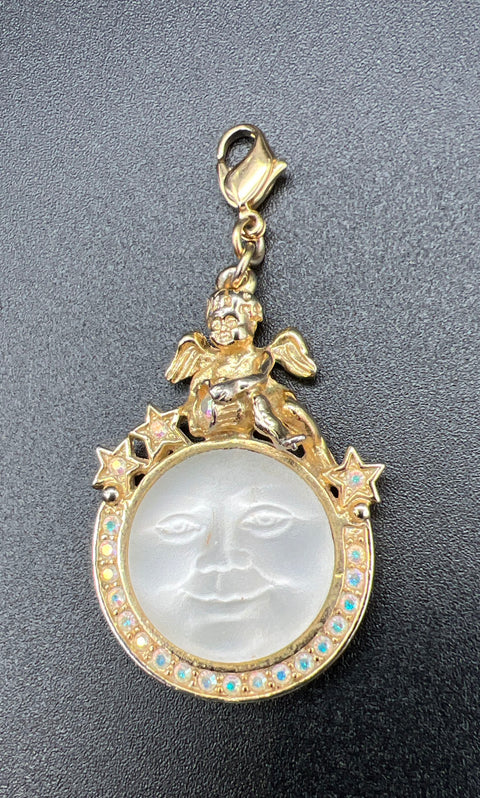 Kirks Folly Seaview Moon Cherub Pendant Charm Gold Tone AB Rhinestone Vintage