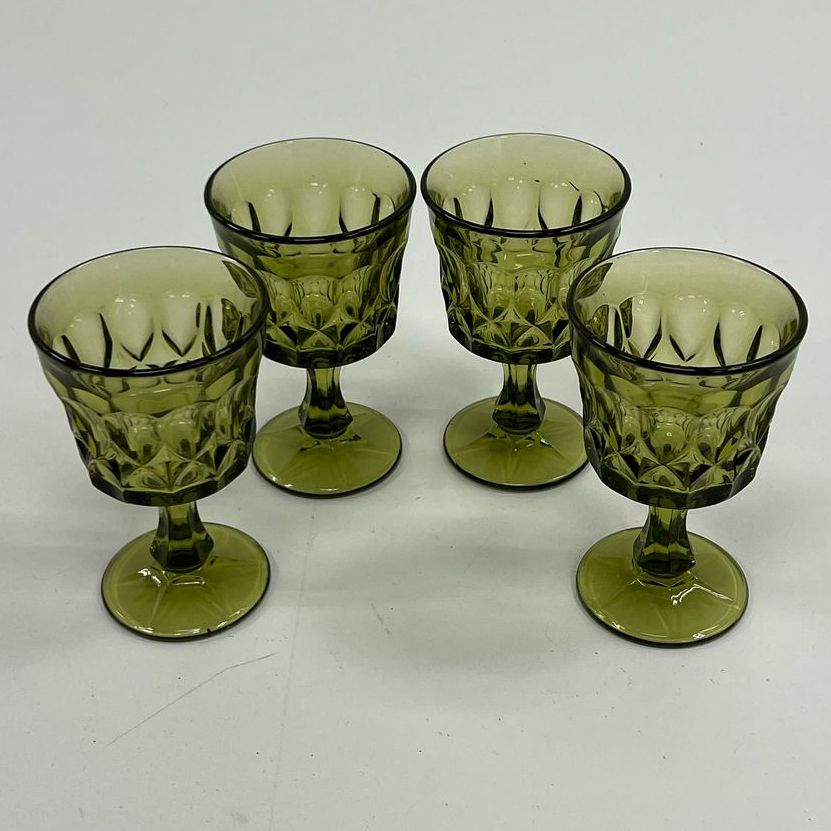 Vintage Noritake Set Of 4 Perspective Green Glass Faceted Wine Goblets