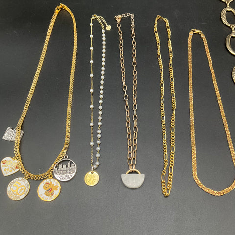 Gold Tone Fashion Jewelry Lot of 8 Necklaces Bold Links Charms Faux Pearl