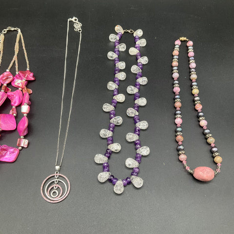 Statement Necklace Jewelry Lot of 5 Amethyst Quartz Pink Shell Faux Amber