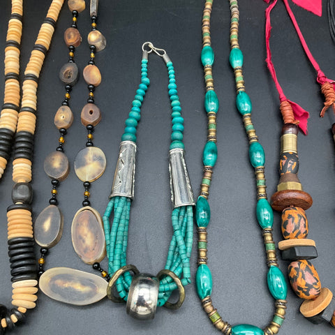 Vintage Boho Tribal Statement Necklace Lot 7pc Wood Bone Beaded Ethnic Designs