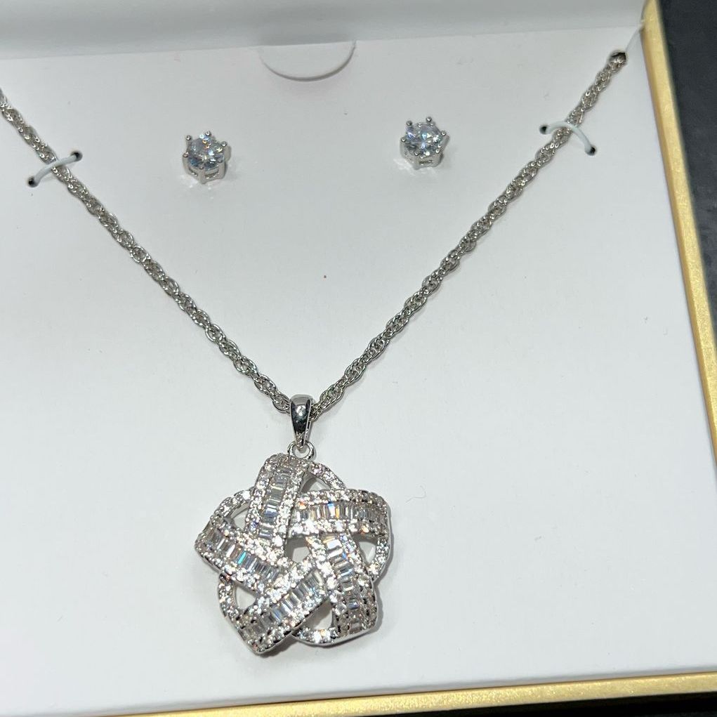 Charter Club CZ Silver Tone Necklace & Earrings Set NIB