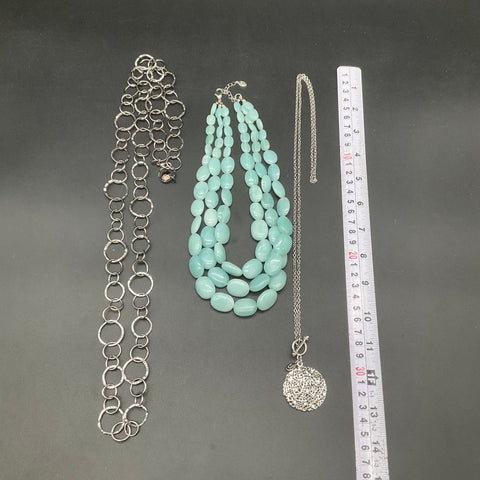 Cookie Lee Silver Tone Rhinestone Beaded Hammered Ring Necklace Jewelry Lot of 3