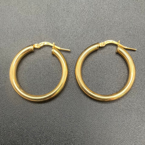 18K Gold Plated Italy Tubular Hoop Earrings 28mm Polished Latch Back 4.8g