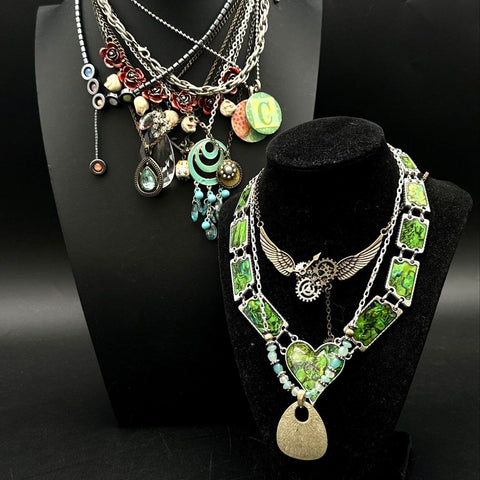 Steampunk Gothic Costume Jewelry Lot Abalone Shell Inlay Skulls Roses Necklaces