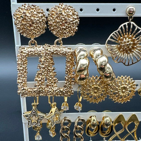 Vintage 1980s 90s Gold Tone Costume Jewelry Lot 24 Pairs Hoops Dangles Studs