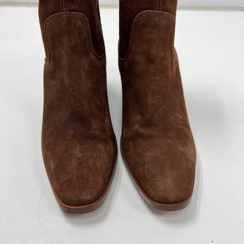 Aquatalia Faria Brown Suede Stretch Ankle Boots Block Heel Italy Size 8.5