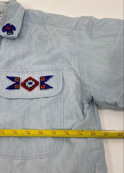 Vintage 90s The Shirt Inc Beaded Southwestern Aztec Chambray Shirt Sz M