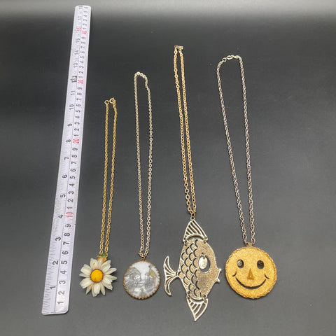 Vintage 1970s 80s Costume Jewelry Lot 4 Necklaces Fish Smiley Daisy Carriage