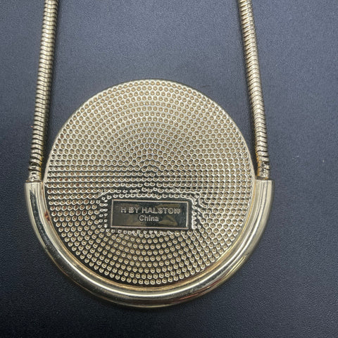 H by Halston Gold Tone Large Circular Inlay Pendant Snake Chain Necklace 18"