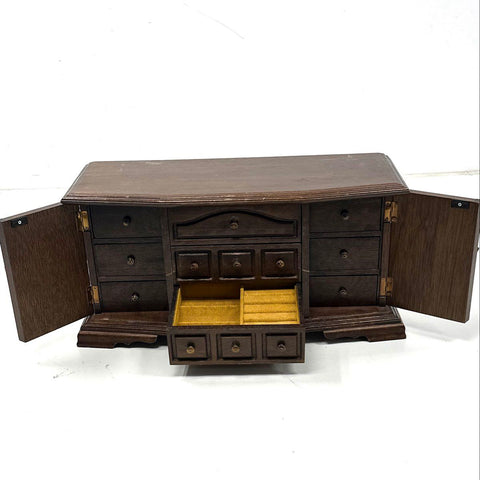 Vintage Wood Sideboard Jewelry Music Box Secret Drawer Tested Works