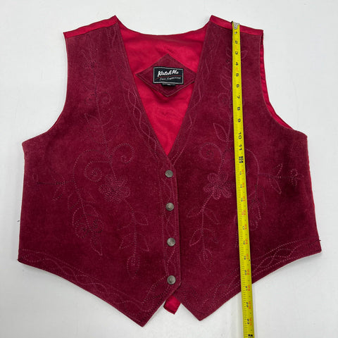 Vintage 90s Katch Me Burgundy Suede Leather Embroidered Western Vest Women's XL
