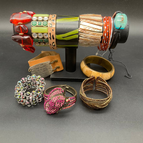 Boho Eclectic Jewelry Lot 12 Bracelets Bangles Cuffs Rhinestone Leather Shell