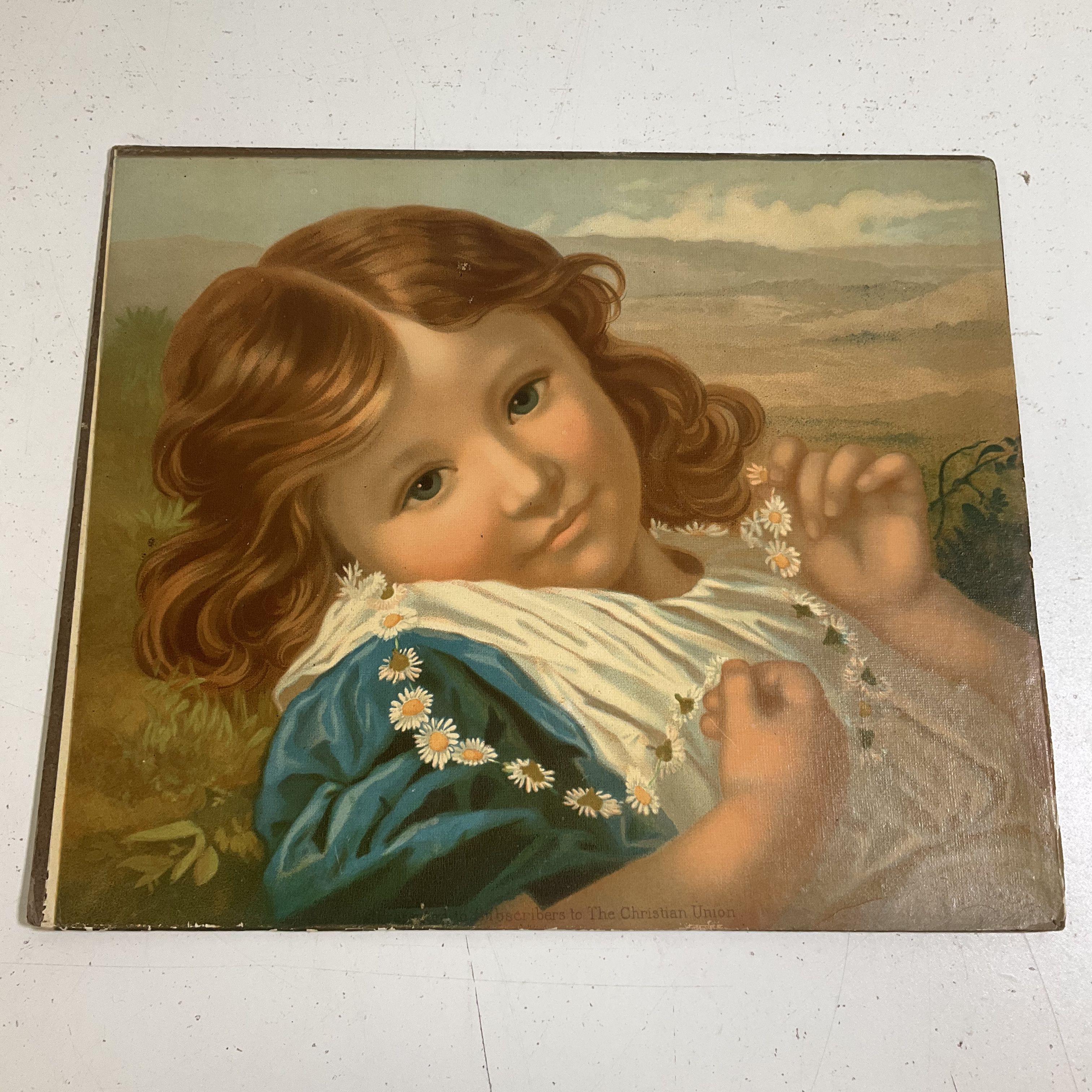 Unsigned Antique Victorian Print Girl w/ Daisy Chain Christian Union 10.5x12.5