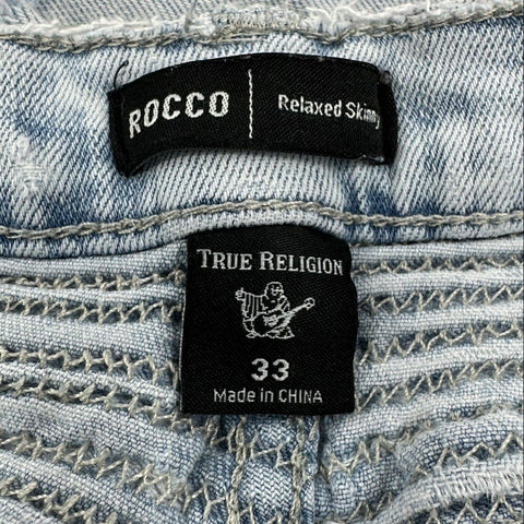 True Religion Men's Rocco Skinny Jeans Light Wash Biker Moto Distressed Size 33