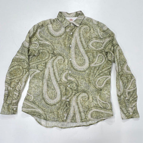 Fradi Men's Green Paisley Linen Long Sleeve Button Up Shirt Italy Sz 16.5